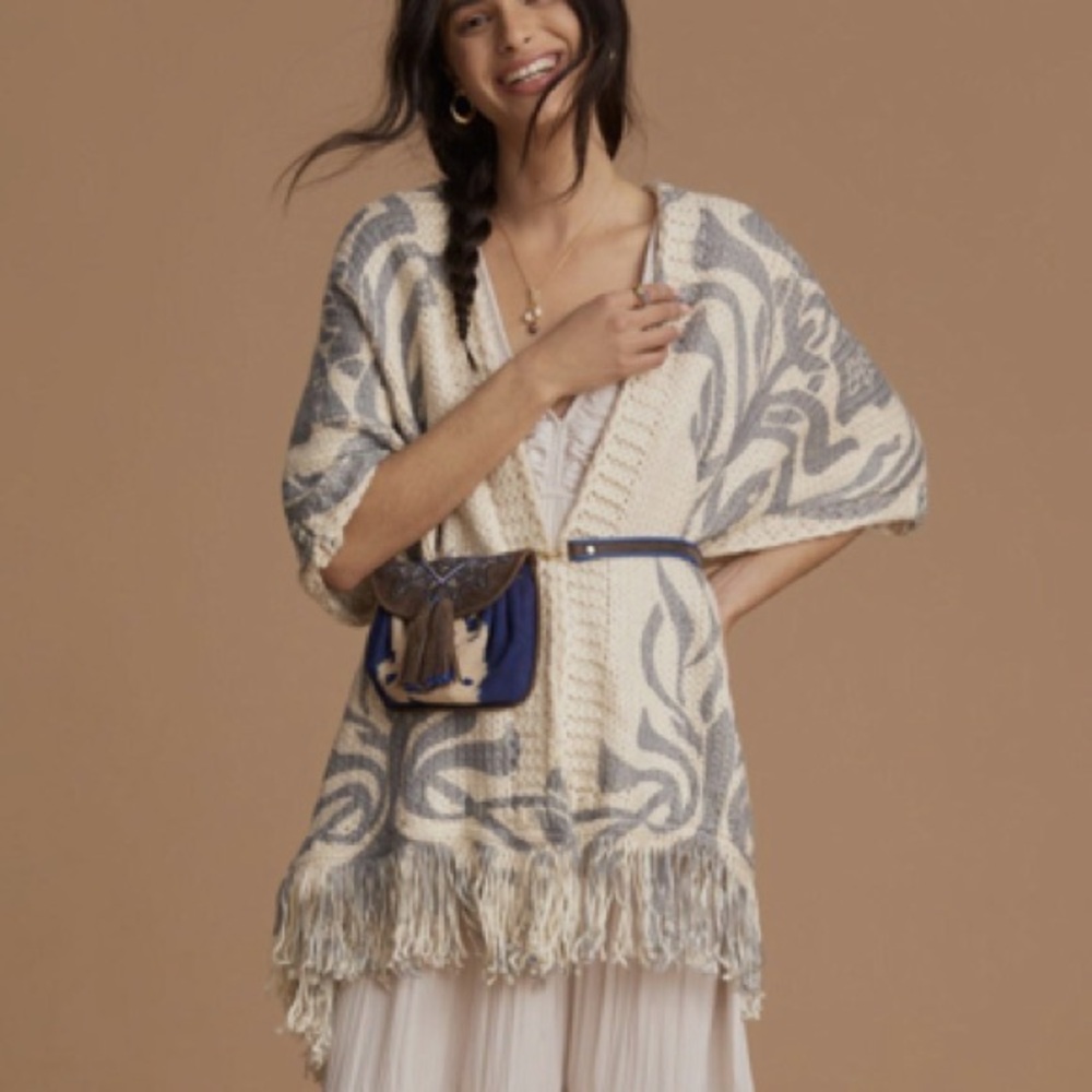 Anthropologie Fringed Chunky Knit Kimono Duster Sweater. One Size